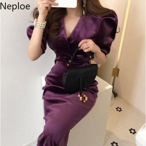 Neploe Korean Chic Retro V Neck Slim Fit Velet Dress Women High Waist Hip Puff Short Sleeve Vestido Temperament Autumn Ropa