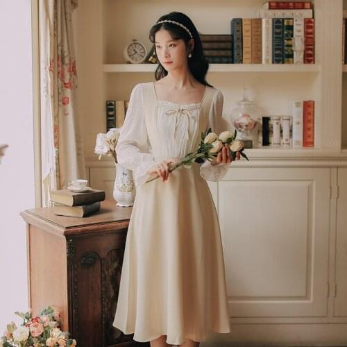 Spring Long-Sleeved Fairy Dress Women 2021 French Gentle Style Tmperament Chiffon Square Neck Elegant Bow Sweet Kawaii Dresses