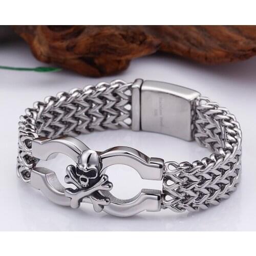 17mm wide 8.66 inch stainless steel Biker Horsewhip Crub Chain biker skull bracelet bangle for mens gifts heavy