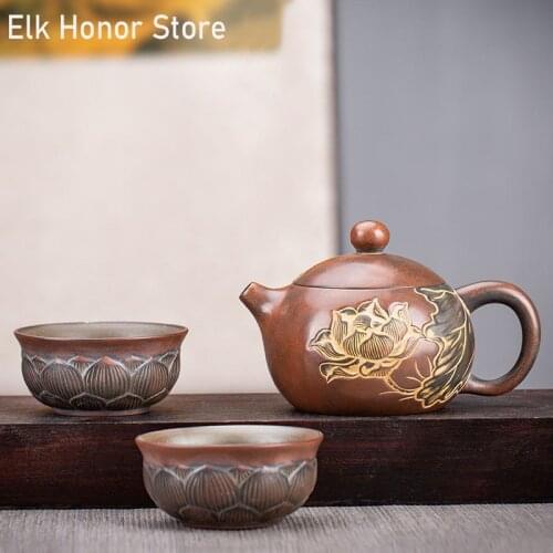 260ml Retro Lotus Relief Art XiShi Pot Handmade Kiln Fambe 1pot 2 Cup Teaset Kung Fu Tieguanyin Teapot Customized Gift Packaging