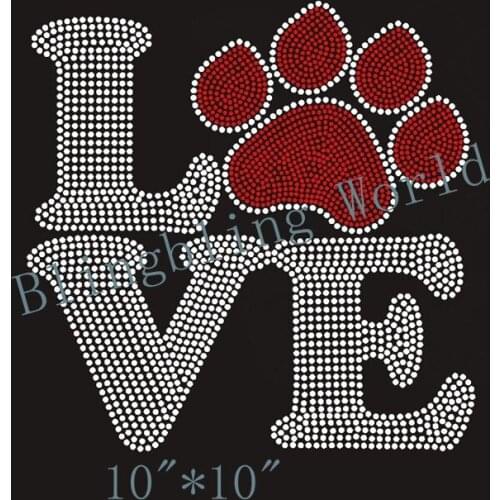 Free shipping Love Dog Puppy Paw Print Rhinestone Iron On Transfer Hot Fix Bling