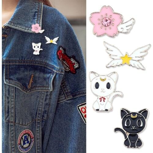 Trendy Cartoon Brooch Cute Black And White Cat Brooches Pin Flowers Stars Wings Brooch Metal Pins Wild Clothing Brooches
