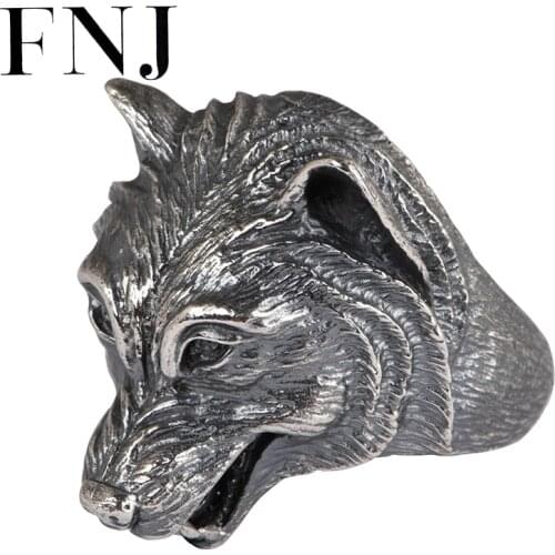FNJ 925 Silver Wolf dog Ring Fashion Punk Animal Head Real S925 Sterling Thai Silver Rings for Men Jewelry Adjustable Size