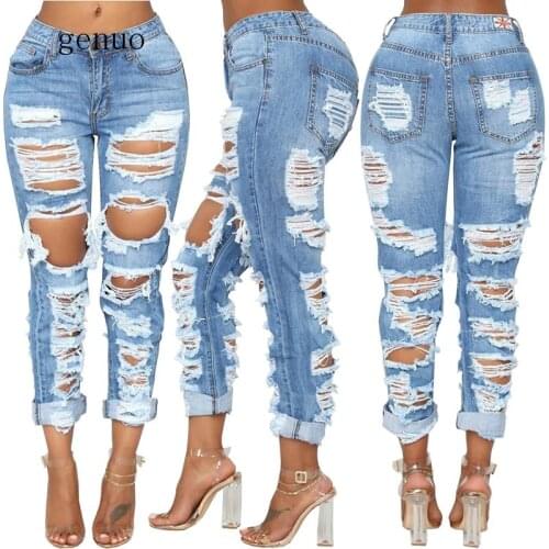 Madam Summer Long Jeans With Holes For Women Ripped Jeans Worn Zipper Pockets Casual Female Fashion Jeans