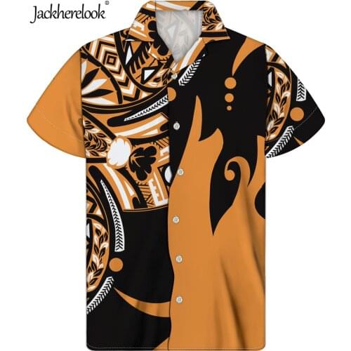 Jackherelook Vintage Polynesain Tribal Floral Print Plus Size Hawaiian Shirt for Short Sleeve Tops Summer Beach Chemise Shirts