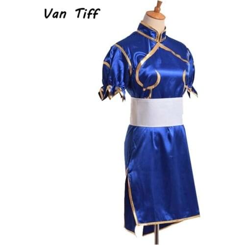 Game Street Fighters Figure Action Chun Li Cosplay Costumes Adult Blue Sexy Cheongsam Dress Belt Headgear Party Cosplay Suit