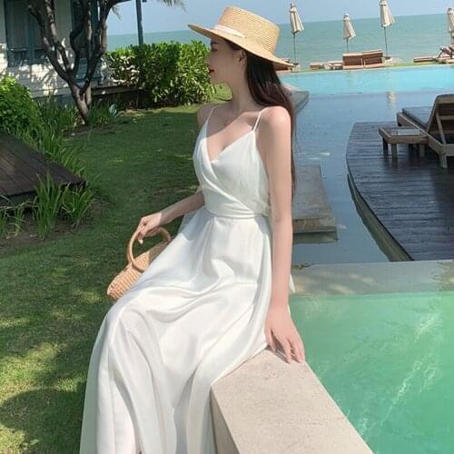 Summer Women Beach Dress Silk Satin Fashion Sexy White Halter Dress Seaside Beach Holiday Beach Dress High Quality Party Dress