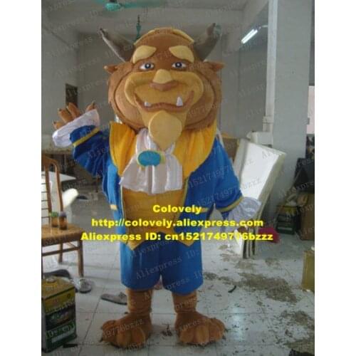 Cute Brown Wild Beast Animal Beauty And The Beast Mascot Costume Fancy Dress With Sharp White Tooth Blue Coat No.7542 Free Ship