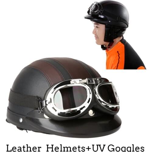 Motorcycle Helmet Motorcycle Scooter Open Face Half Leather Helmet with Visor UV Goggles Retro Vintage Style Motocross Helmet