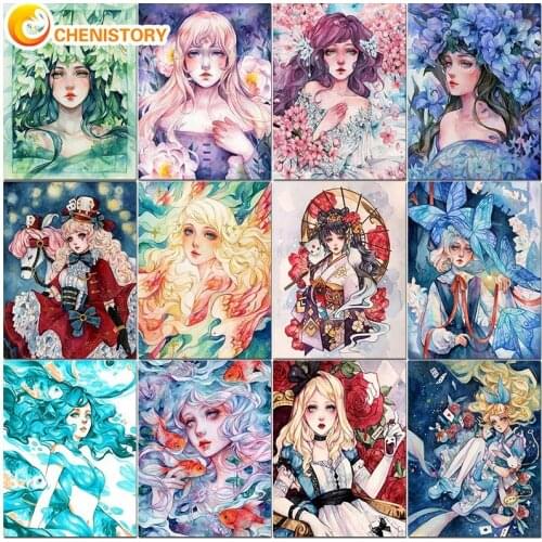 CHENISTORY Oil Painting By Numbers Cartoon Girl Flower Color Drawing Paint By Numbers Canvas Modern Painting DIY Gift Home Decor