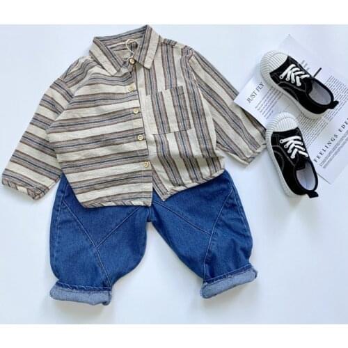 Autumn 2021 childrens shirt cotton hemp literature and art childrens shirt irregular stripe boys' and girls' shirt