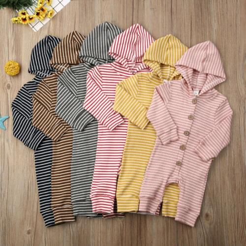 Autumn Newborn Infant Baby Boy Girl Kids Cotton Striped Hooded Romper Jumpsuit Clothes Outfits