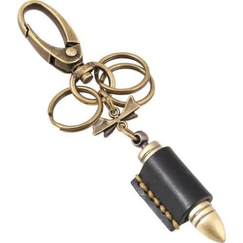 Punk Hippie Rock Metal Bullet Keychain Retro Black Genuine Leather Pendant Vintage Car Key Chain Rings Fashion Men Jewelry Gift