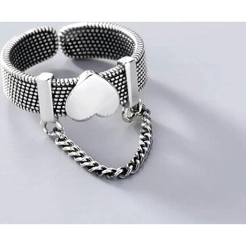 Simple Tassel Chain Smooth Heart Ring Personalized Belt Modeling Silver Plated Opening Ring Charm Womens Hip Hop Party Jewelry