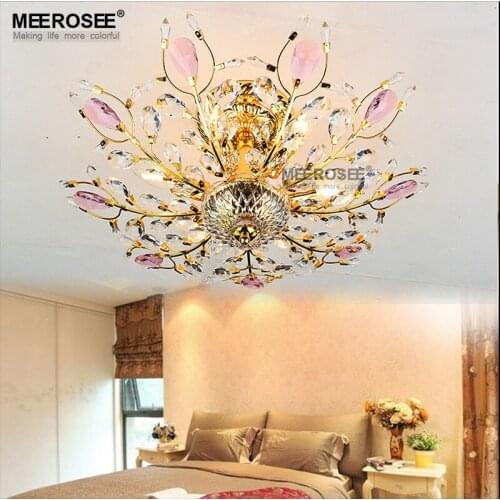 Luxurious Pink Color Crystal Ceiling Light Fitting Golden Color Mounted Ceiling Lamp de cristal Lustre for Living room Hotelroom