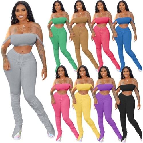 Sexy 2 Piece Set Women Stacked Pants And Crop Top Summer Clothes Solid Matching Sets Female Outfits Tracksuit Plus Size 2020
