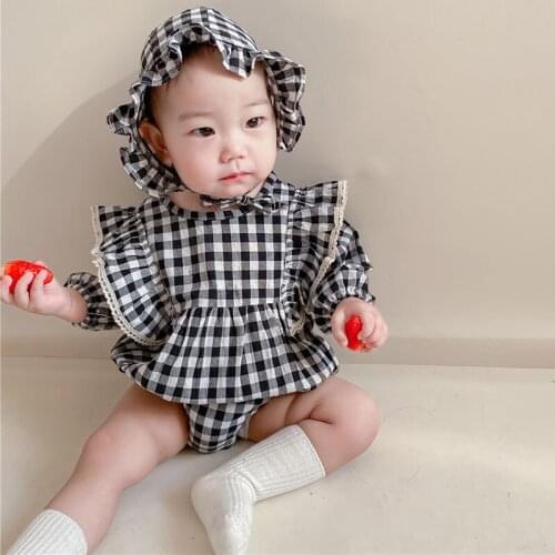 Spring Autumn Kids Girl Long Sleeve Grid Rompers Infant Baby Girl Newborn Rompers Clothes Baby Girl Lace Rompers