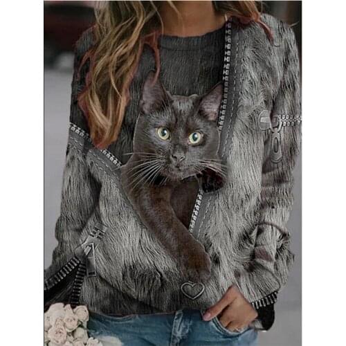 Plus Size 5XL Ladies 3D Cartoon Cat Print T-shirt Women O-Neck Long Sleeve Loose T Shirts New Spring Casual Oversized Tops 2021