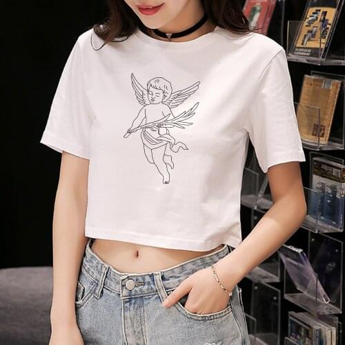 Punk Cropped Angel Print Round Neck T-shirt Women Slim Short Sleeve T Shirt 2020 Streetwear Sexy Top Tee Harajuku Women Shirts