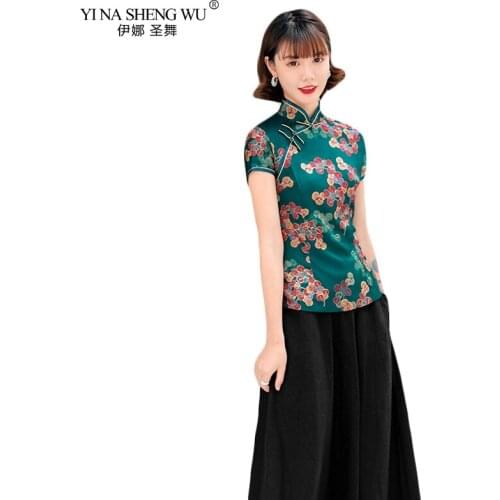 Women Chinese Style Tops Green Cheongsam Tops Silks Satins Chinese Shirt Elegant Printing Tops Black Skirt Chinese Clothes Wear