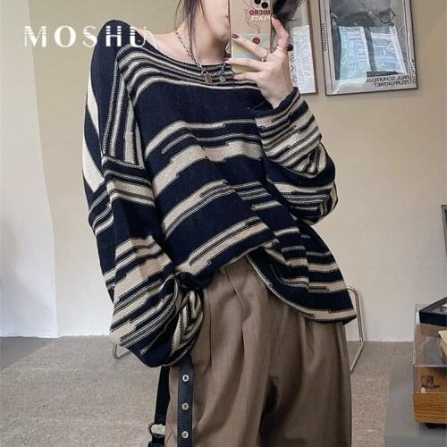 Women Striped Sweater Tops Long Sleeve Retro Oversize Pullover Casual Knitted Jumpers Loose Patchwork Hip Hop Sweatshirt