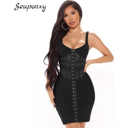 High Quality 2021 Summer Sexy Spaghetti Strap Backless Bandage Dress Womens Black Bodycon Celebrity Party Dress Vestidos