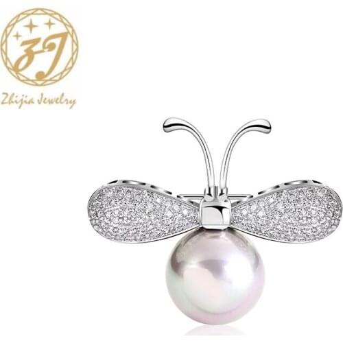 Zhijia Top Brand Delicate Silver Color Crystal Rhinestone Pearl Bee Animal Pins Brooches For Women Jewelry Accessories