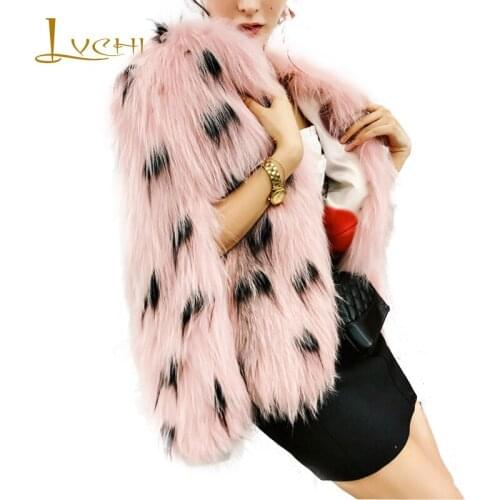 LVCHI 2019 Winter Import Real Fur Coats Natural Fox Fur Coat Mandarin Collar Black Polka Dot Womens Short Pink Fox Fur Coats