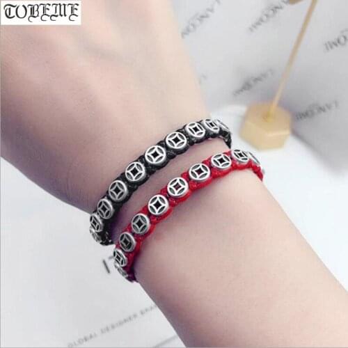 Handmade 925 Silver Chinese Ancient Coin Symbol Bracelet 925 Sterling Buddhist OM Beads Bracelet Braided Good Luck Jewelry