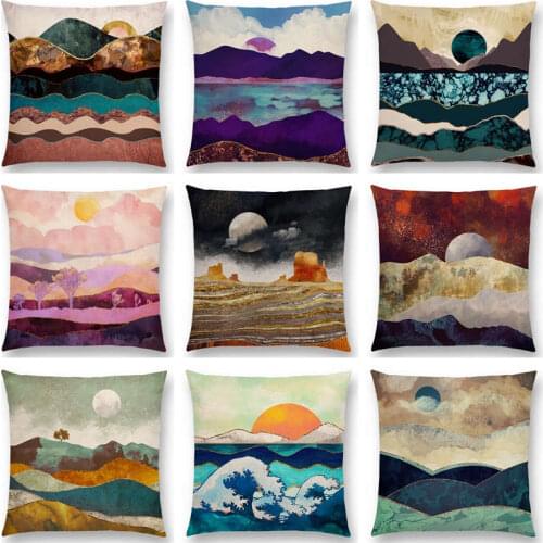 Sun Moon Day Night Sky Sea Stormy Waters Mountains Vast Wilderness Metallic Prints Cushion Cover Decor Sofa Throw Pillow Case