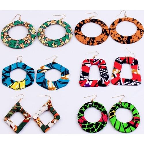Fabric Covered Wooden Earring Statement Bohemian Geometric Rhombus Party Dangle Jewelry Dangle African Hoops Earrings For Women