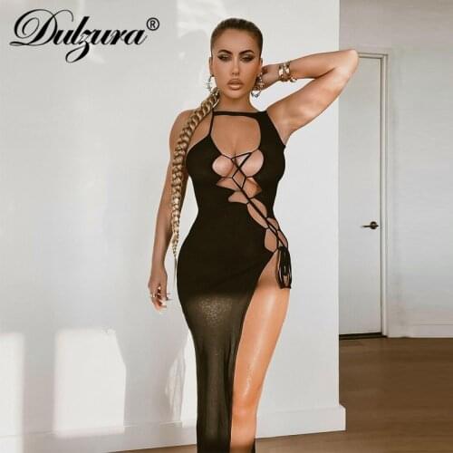 Dulzura 2021 Autumn Winter Women Black Hollow Out Lace Up High Slit Midi Dress Sleeveless Bodycon Sexy Streetwear Party Club