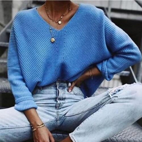 Elegant Knitting Sweater Women New Fall / Winter 2020 Loose V-neck Solid Color Temperament Sweater Maglioni Donna Wn