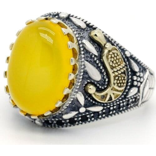 Hot sale 925 sterling silver ring Turkish jewelry yellow agate stone ring transparent black spinel mens ring high jewelry