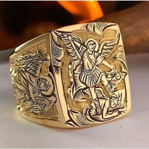 Gold color The Archangel Mens Cycling Ring Knigts Templar zinc alloy Ring Guardian Angel Jewelry Halloween Christmas gift