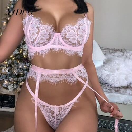 YiDuo Black Lace Lingerie Set Sexy Underwear Women 3 Piece Set Push Up Bra G-Strings Thongs Garter Brief Sets Club Party Wear