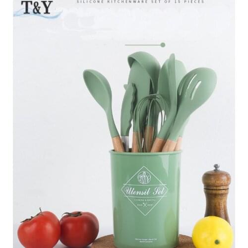 T&Y 13pcs New Green Non-Stick Silicone Cooking Set Utensil with Wooden Handle, Kitchen Cookware Turner, Colander, Spoon, Brush