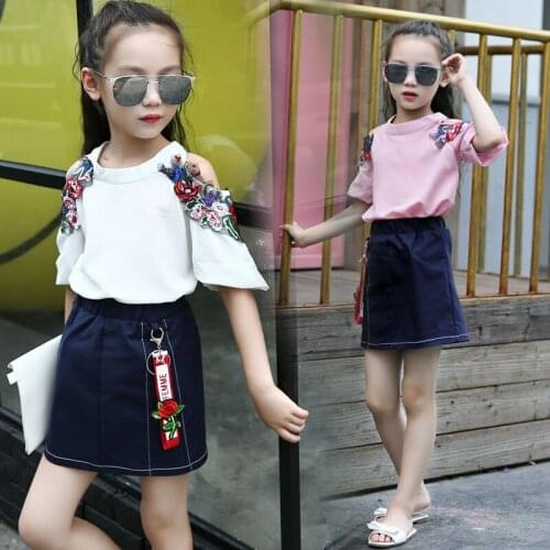 Summer Kids Girls Clothing Sets Princess Denim Skirt and Blouse Flower Embroidery Children Clothing Set for 4... 8 12 14 Age