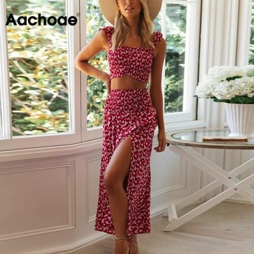 Aachoae Women Beach Style Two Piece Set Top And Skirt Summer Floral Print Ruffles Tops Split Long Skirts Boho 2 Piece Sets