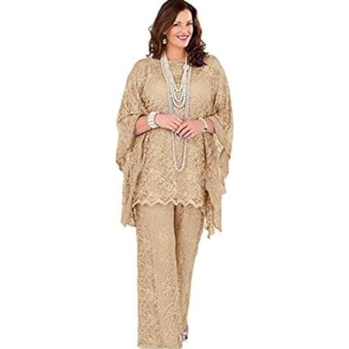 Lace Womens Suit Mother Pantsuit 3 Pieces Sets Long Sleeve Pants Female Plus Size Clothes Dress Elegant Champagne For Wedding