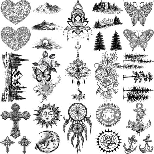 Lotus Pendant Mandala Temporary Tattoos For Women Kids Girl Mountain Butterfly Cross Anchor Tatoos Flower Fake Tattoo Waterproof