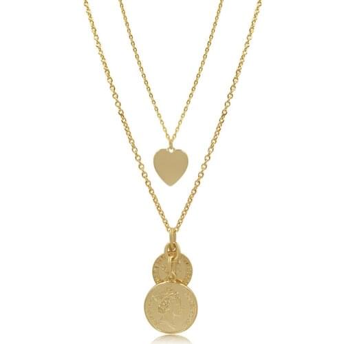 Lovely Girl Gold Color Plating Heart Coin Pendant Layered Necklace For Women Party Chic Statement Jewelry Accessory Gift