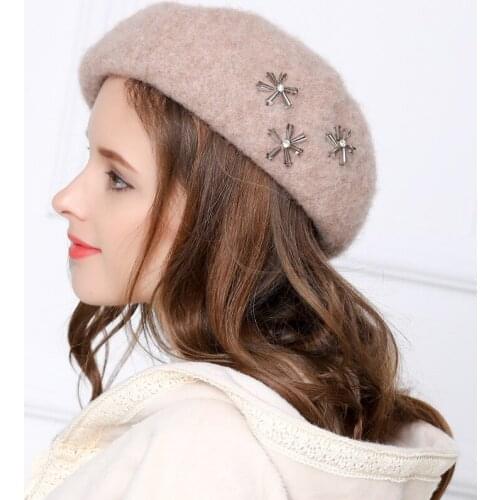 2020 New Fashion Female Spring and Autumn and Winter Hand-sewn Bright Diamond Wool Day Versatile Artist Beret Hat