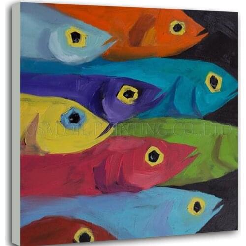 New Arrivals Handmade Simple Design Fishes Oil Painting on Canvas Rich Colors Fish Oil Painting for Living Room Sofa Decoration