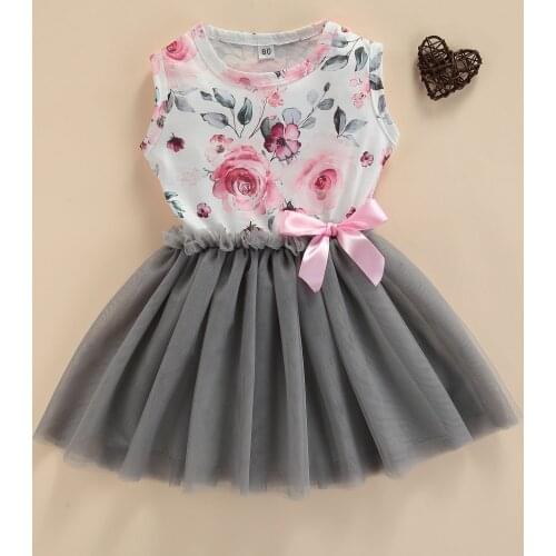 Toddler Baby Girls Tulle Dress Cute Sleeveless Floral Print Bow Front Tutu Mesh Dress Children Infant Princess Kids Dress