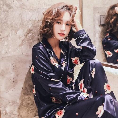 Autumn Printed Animal Pink Silk Satin Pajamas Shirt Cute Korean Cartoon Sleepwear Button Up Pajama Set 2 Piece Pajama Set Women