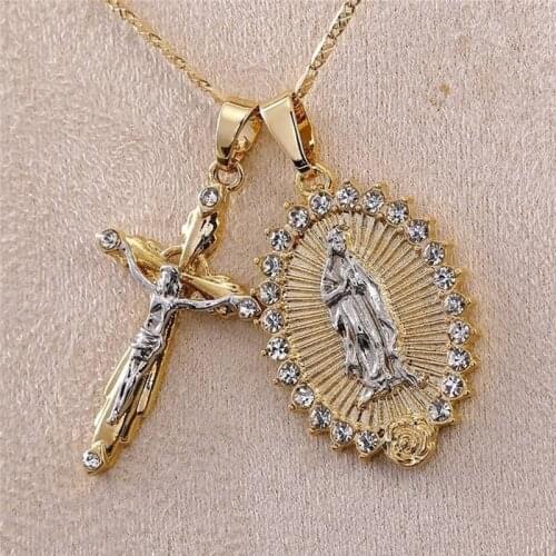 Women Men Gold Plated Cross Crucifix Necklace + Virgin Mary Necklace Crucifix Jesus Pendant Necklace Faith Necklace Jewelry