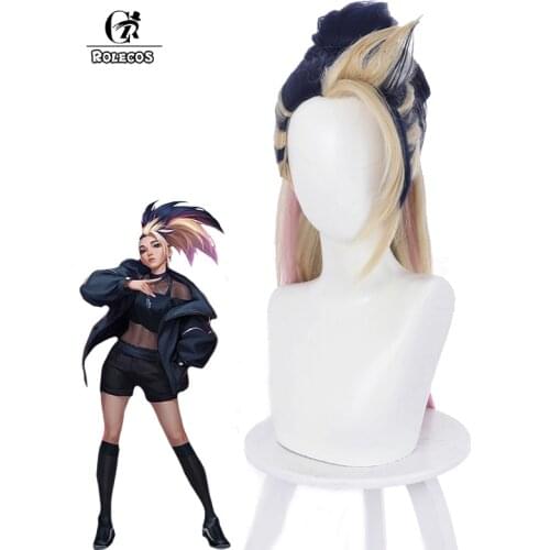 ROLECOS LOL KDA Akali Cosplay Wig LOL KDA The Baddest Akali Cosplay Wig 50cm Blonde Mixed Blue Pink Headwear Women Synthetic Wig