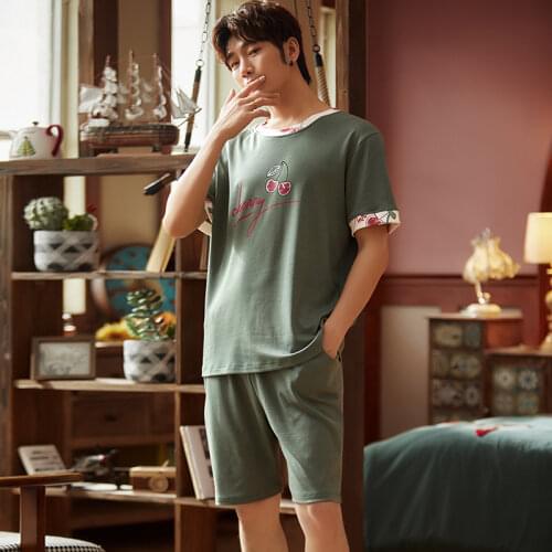 PURE Cotton Pullover Short Sleeve Pants Pajama Summer Boy Man Jammies O-Neck Home Cozy Casual Sleepwear Nightwear Pyjamas CKE