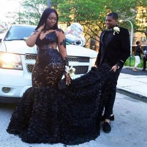 African Plus Size Prom Dresses 2020 Sheer Neckline Mermaid Evening Gowns Long Sleeves Tiered Black Girls Formal Dresses Evening